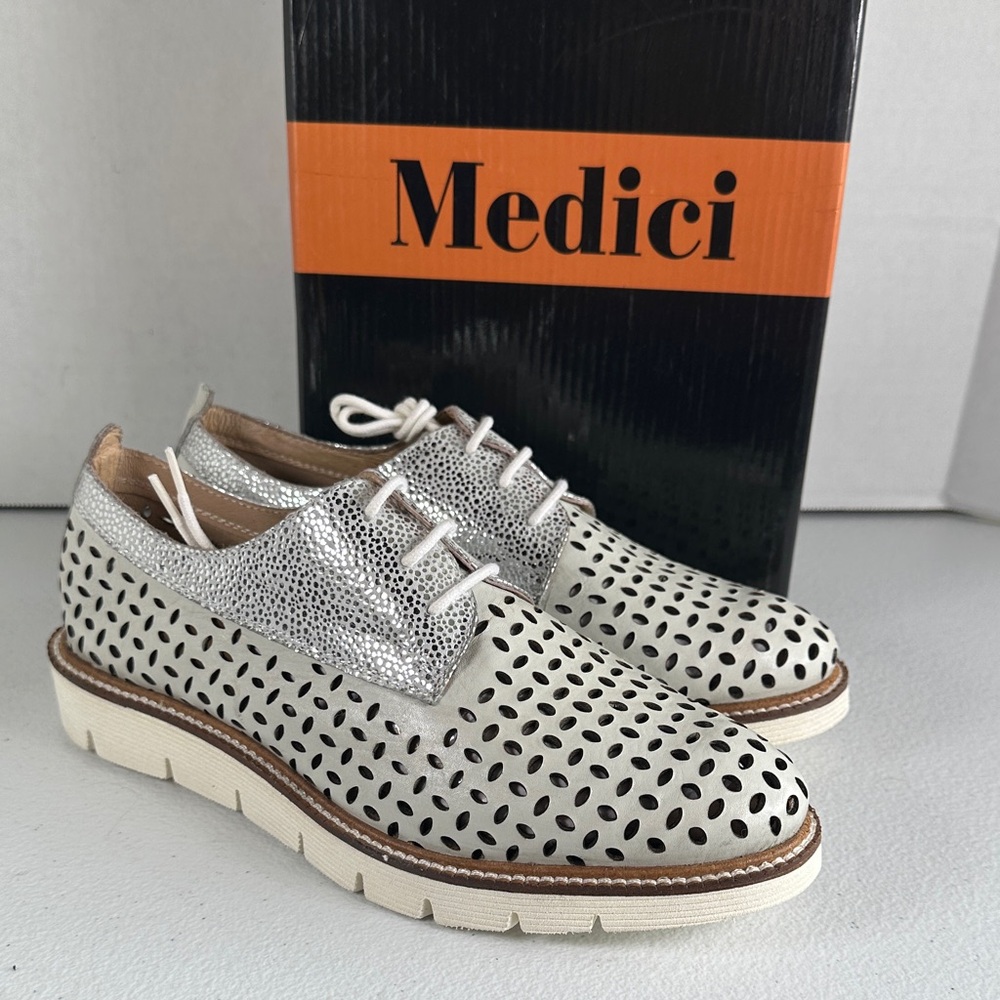 Medici Men's White Leather Perforated Derby with Silver Accent